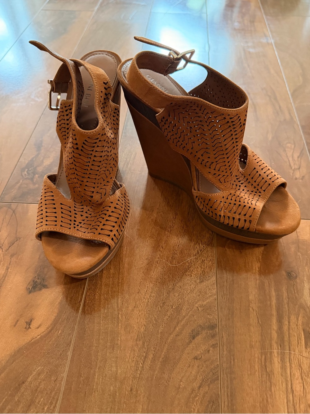 Gianni Bini Tan Perforated Leather Wedge Sandals